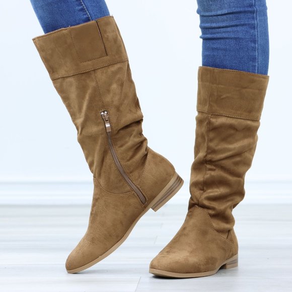 Tan Low Heel Boots Round Toe Above Ankle Mid-Calf Booties Faux Suede - Picture 11 of 12